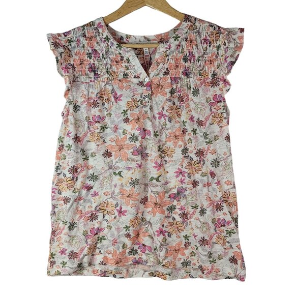 Workshop Republic Clothing Floral Print Tunic Top Pink Small Smocked Sleeveless - Picture 1 of 8